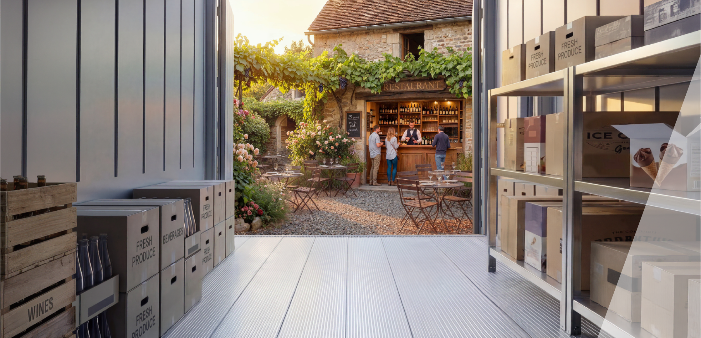 Intérieur d’un container frigorifique ouvert vers une terrasse de restaurant